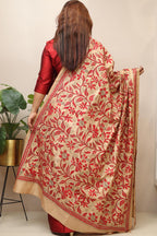 Cream Hand Embroidered Kantha Pure Bangalore Silk Dupatta - Luxurion World