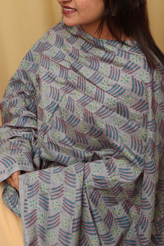 Grey Hand Embroidered Kantha Block Printed Tussar Silk Dupatta - Luxurion World