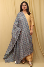 Grey Hand Embroidered Kantha Block Printed Tussar Silk Dupatta - Luxurion World