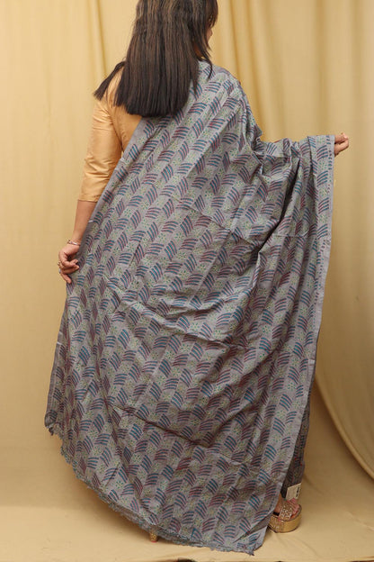 Grey Hand Embroidered Kantha Block Printed Tussar Silk Dupatta - Luxurion World