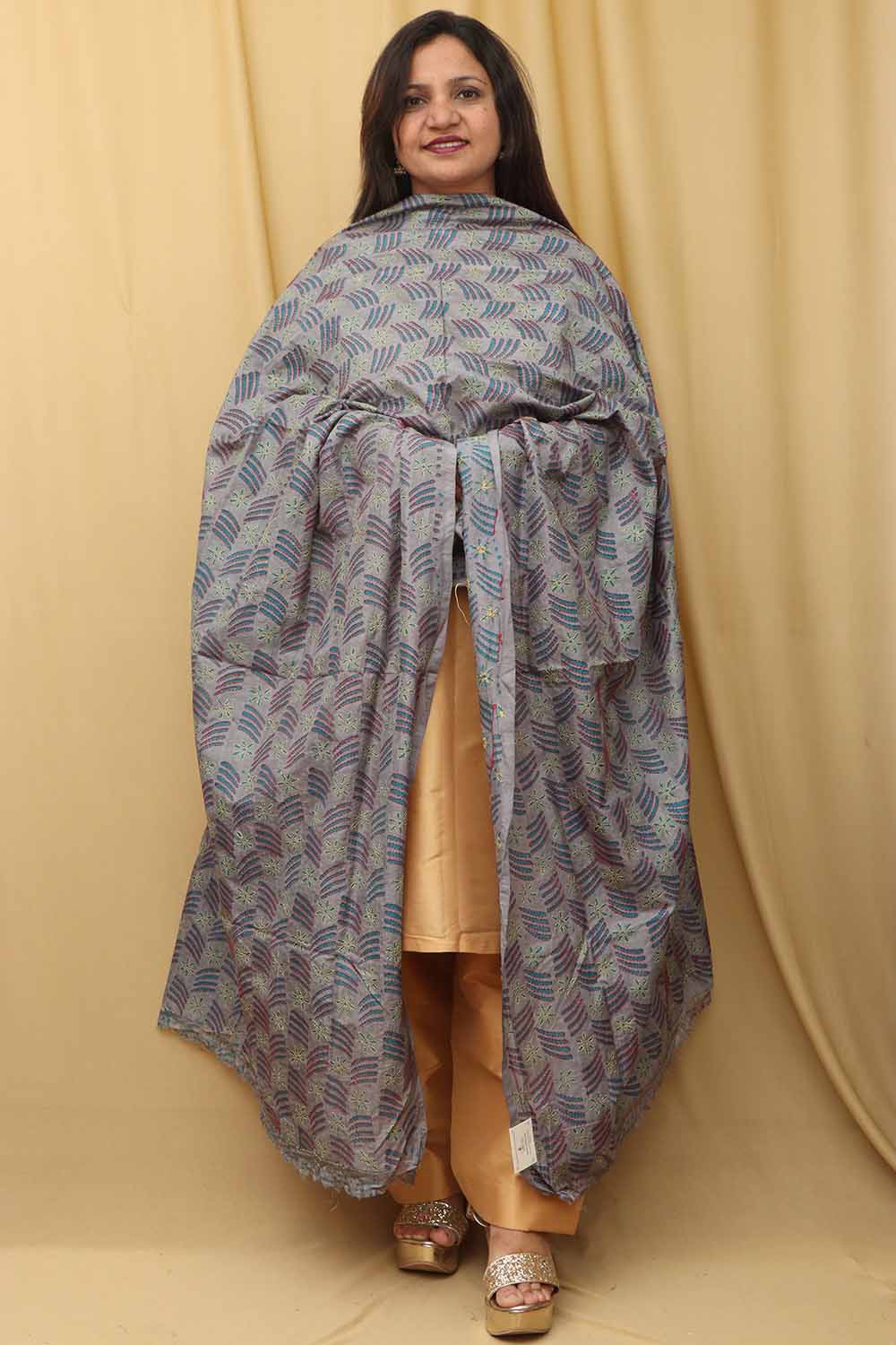 Grey Hand Embroidered Kantha Block Printed Tussar Silk Dupatta - Luxurion World
