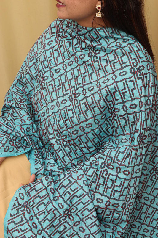 Blue Hand Embroidered Kantha Block Printed Tussar Silk Dupatta - Luxurion World