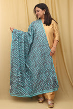 Blue Hand Embroidered Kantha Block Printed Tussar Silk Dupatta - Luxurion World