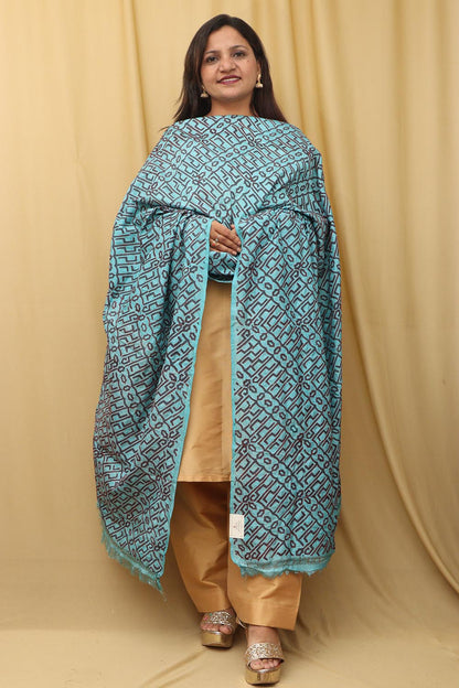 Blue Hand Embroidered Kantha Block Printed Tussar Silk Dupatta - Luxurion World