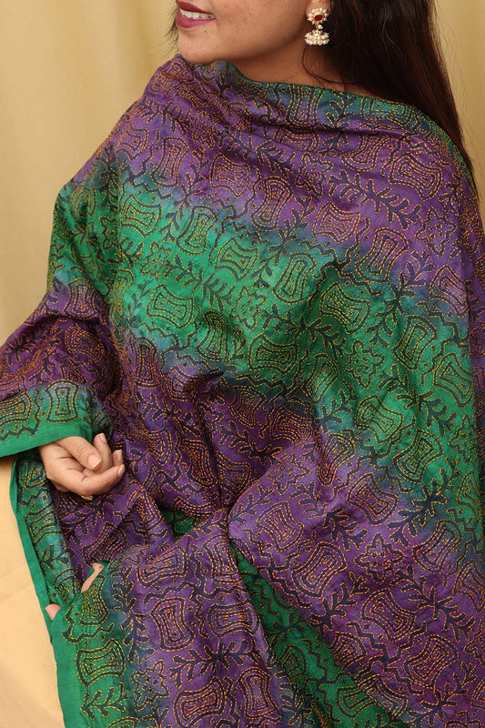 Vibrant Multicolor Hand Embroidered Kantha Block Printed Pure Tussar Silk Dupatta - Luxurion World