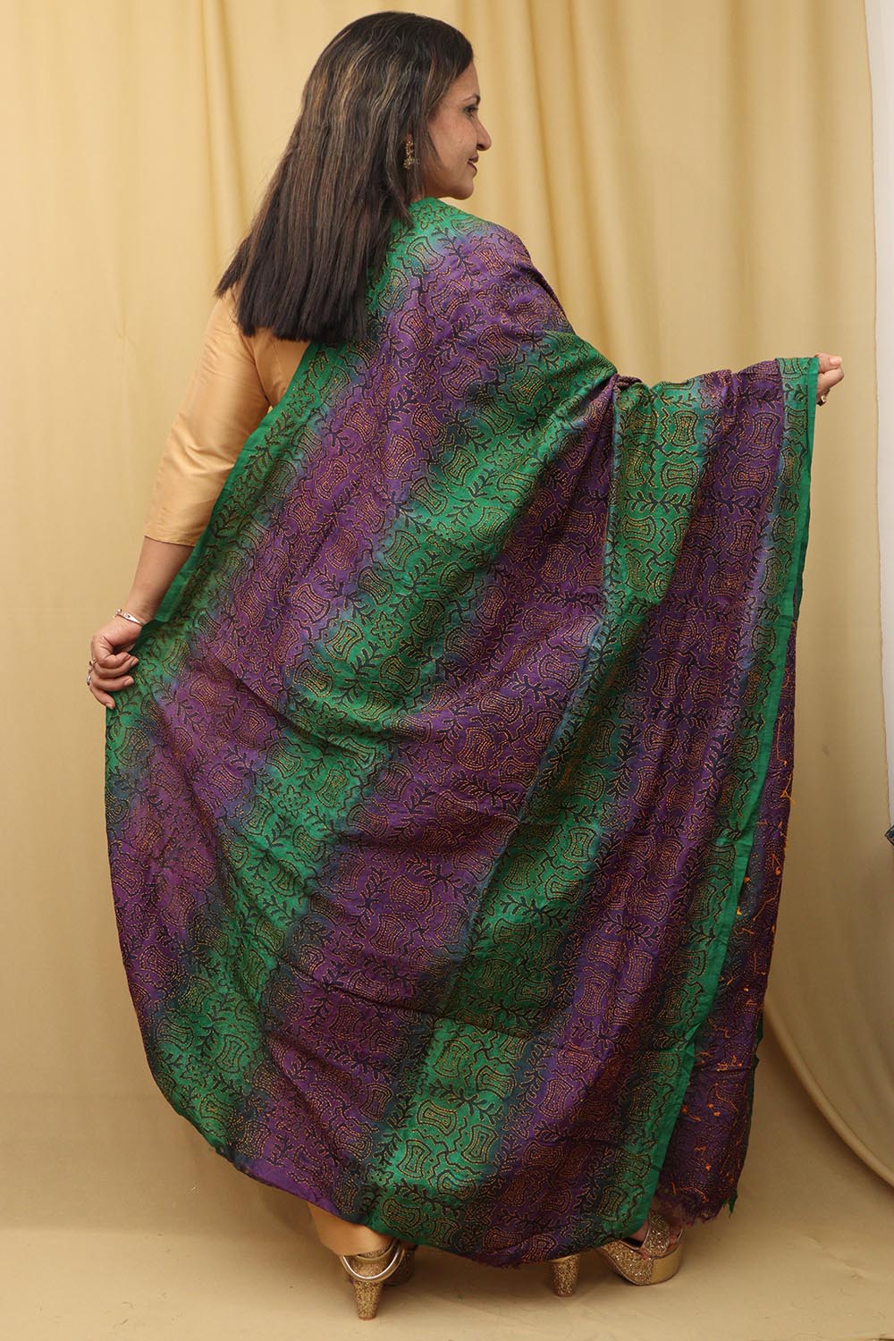 Vibrant Multicolor Hand Embroidered Kantha Block Printed Pure Tussar Silk Dupatta - Luxurion World