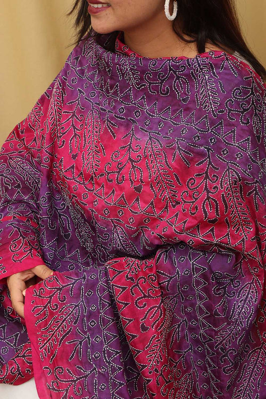 Vibrant Multicolor Hand Embroidered Kantha Block Printed Pure Tussar Silk Dupatta