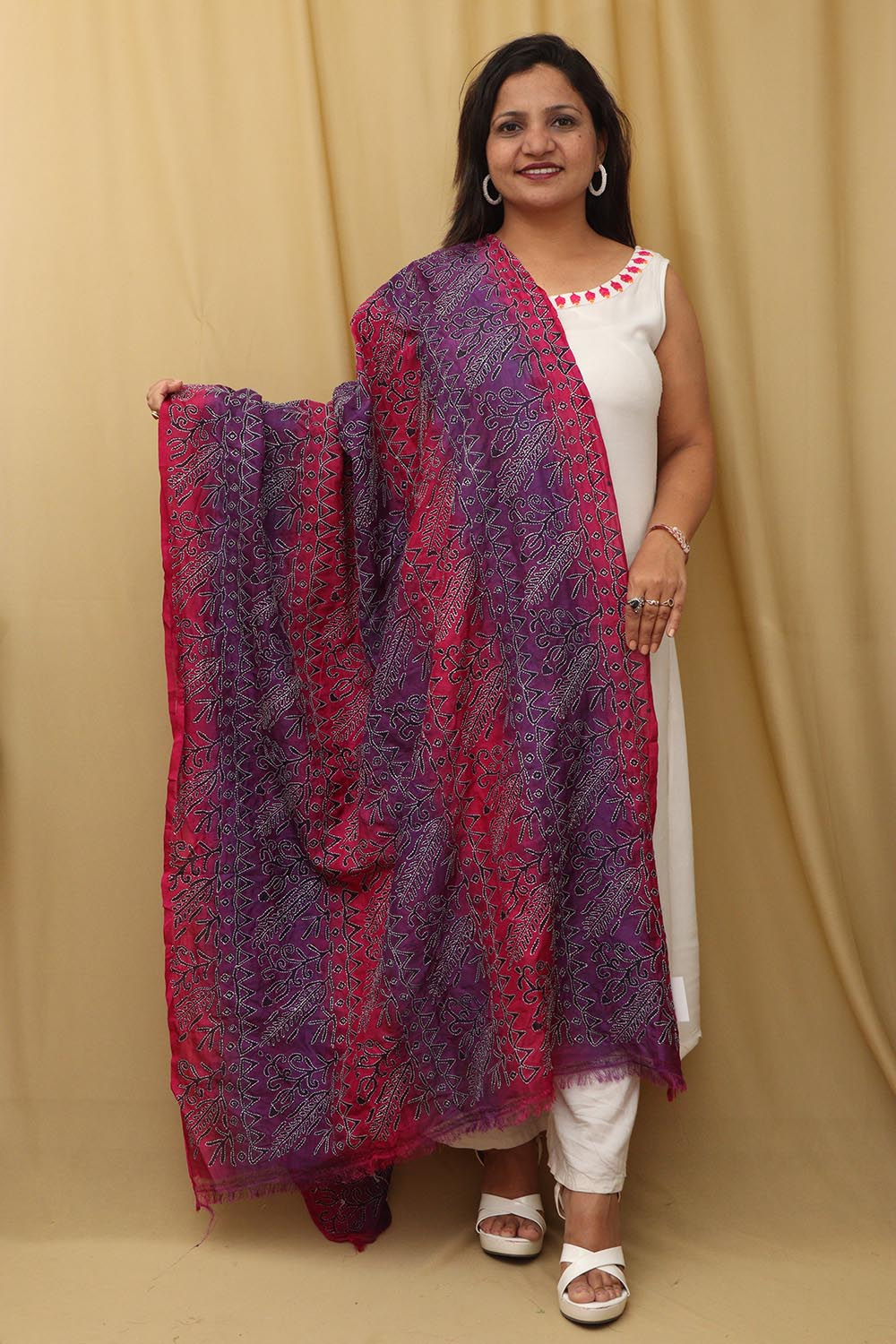 Vibrant Multicolor Hand Embroidered Kantha Block Printed Pure Tussar Silk Dupatta - Luxurion World