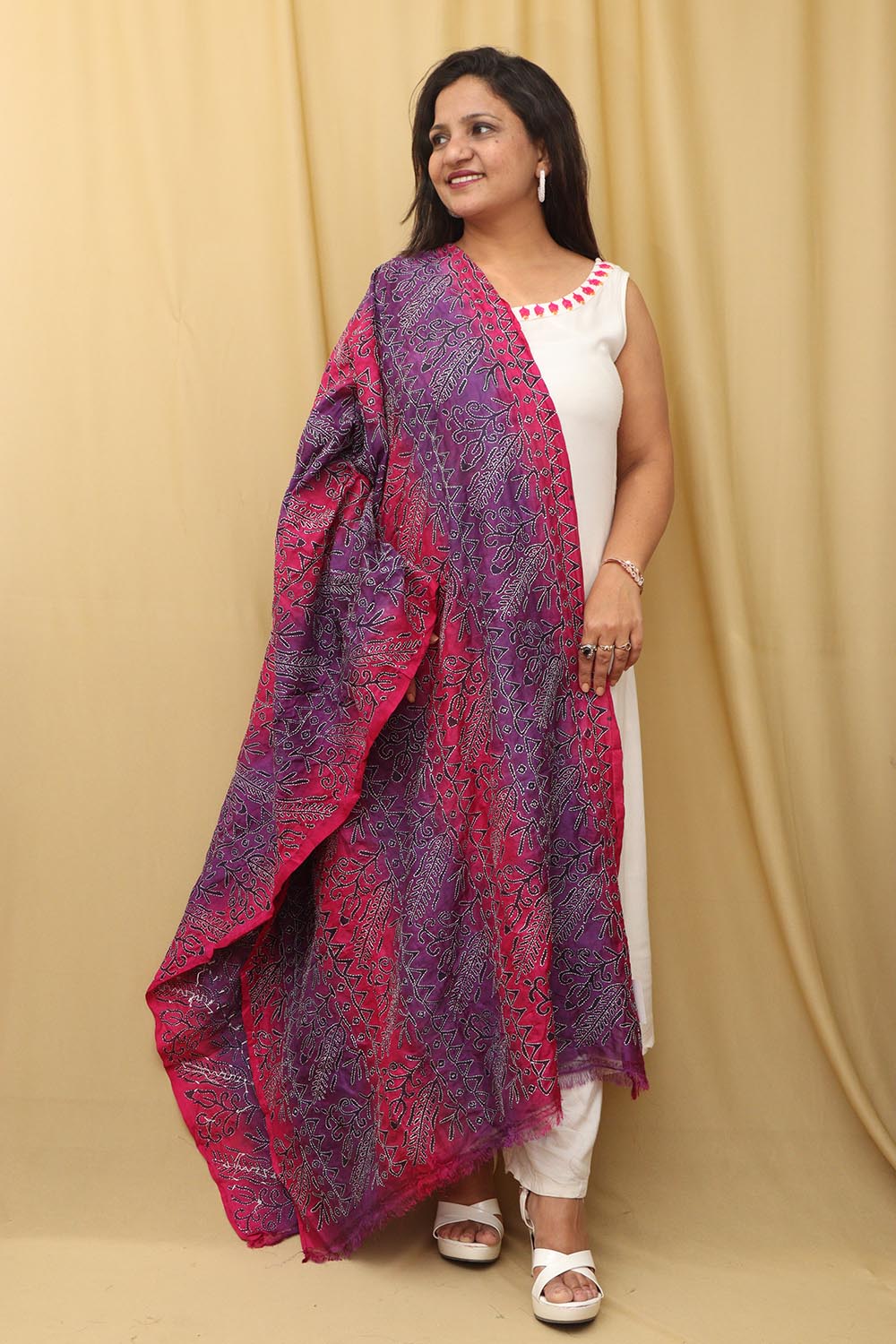 Vibrant Multicolor Hand Embroidered Kantha Block Printed Pure Tussar Silk Dupatta - Luxurion World