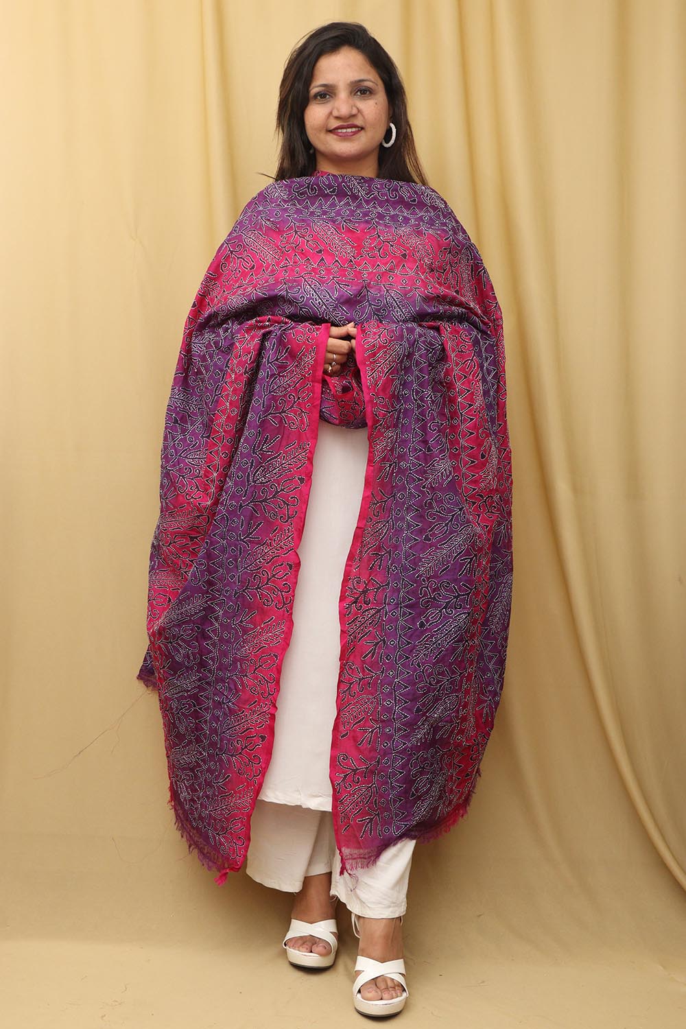 Vibrant Multicolor Hand Embroidered Kantha Block Printed Pure Tussar Silk Dupatta - Luxurion World