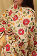 Pastel Hand Embroidered Kantha Pure Tussar Silk Dupatta - Luxurion World