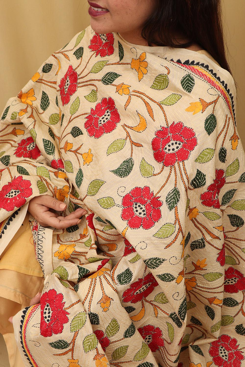 Pastel Hand Embroidered Kantha Pure Tussar Silk Dupatta - Luxurion World
