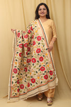 Pastel Hand Embroidered Kantha Pure Tussar Silk Dupatta - Luxurion World
