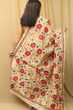 Pastel Hand Embroidered Kantha Pure Tussar Silk Dupatta - Luxurion World