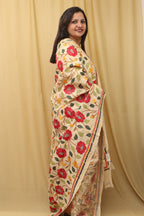 Pastel Hand Embroidered Kantha Pure Tussar Silk Dupatta - Luxurion World