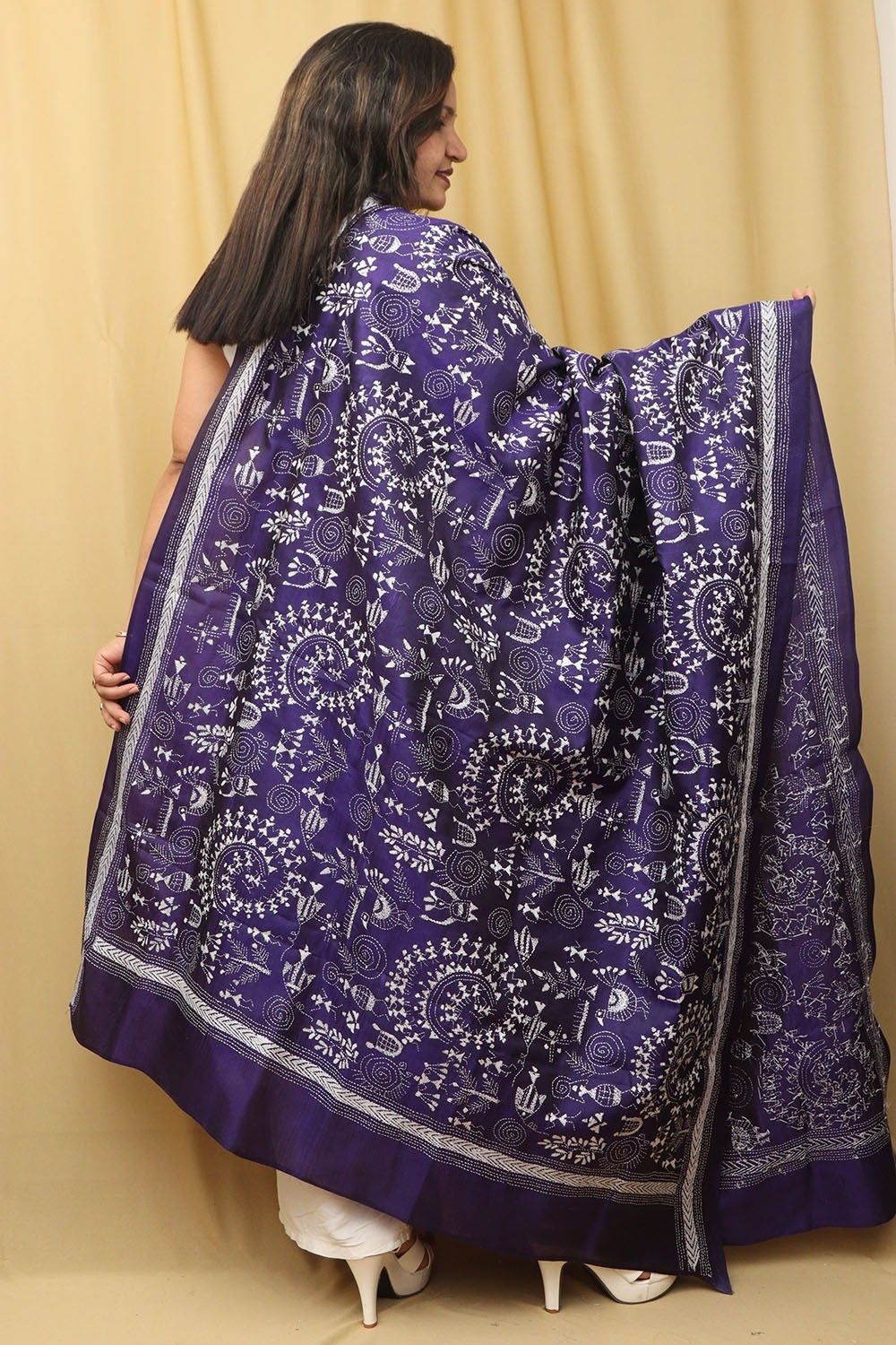 Blue Kantha Bangalore Silk Hand Embroidered Dupatta - Luxurion World