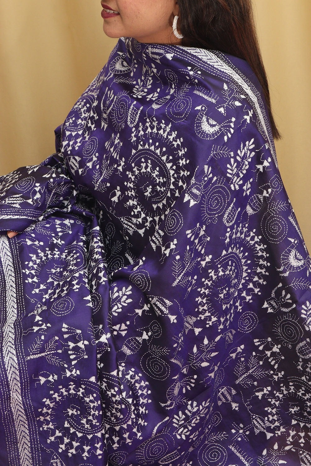 Blue Kantha Bangalore Silk Hand Embroidered Dupatta - Luxurion World