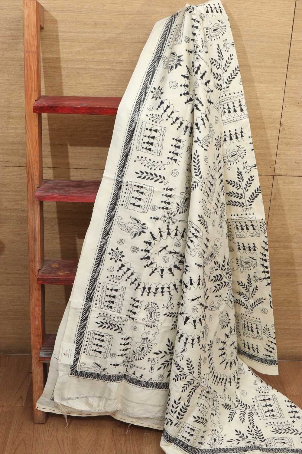 Elegant Off White Hand Embroidered Kantha Bangalore Silk Dupatta - Luxurion World