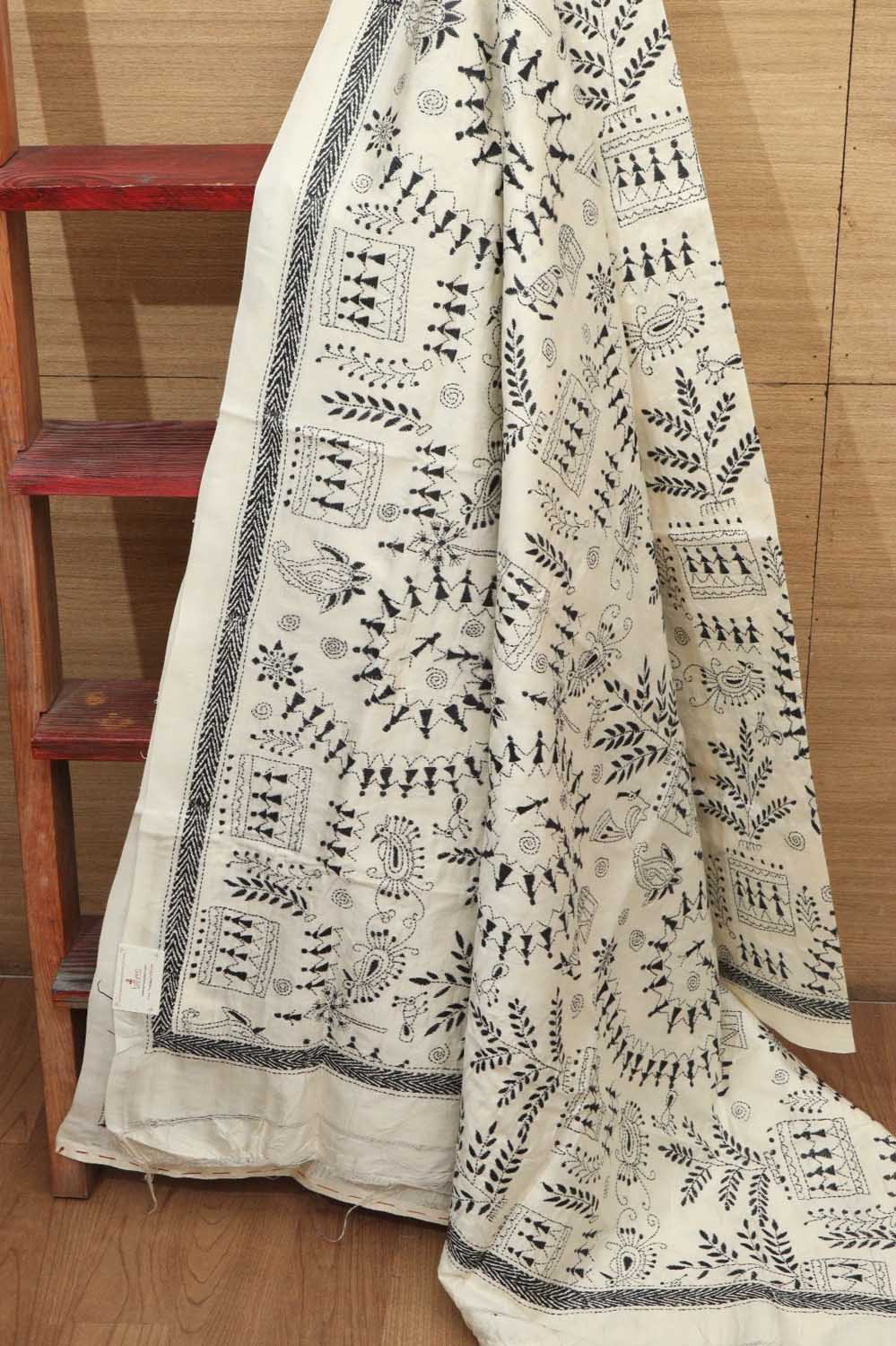 Elegant Off White Hand Embroidered Kantha Bangalore Silk Dupatta - Luxurion World