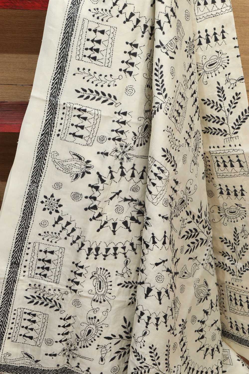 Elegant Off White Hand Embroidered Kantha Bangalore Silk Dupatta - Luxurion World