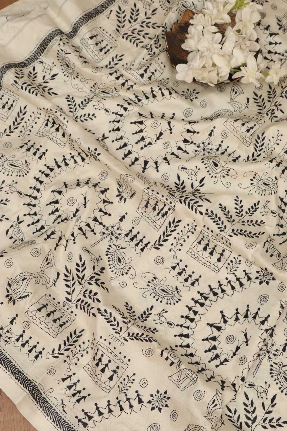 Elegant Off White Hand Embroidered Kantha Bangalore Silk Dupatta - Luxurion World