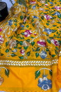 Yellow Hand Embroidered Kantha Pure Bangalore Silk Flower Design Dupatta