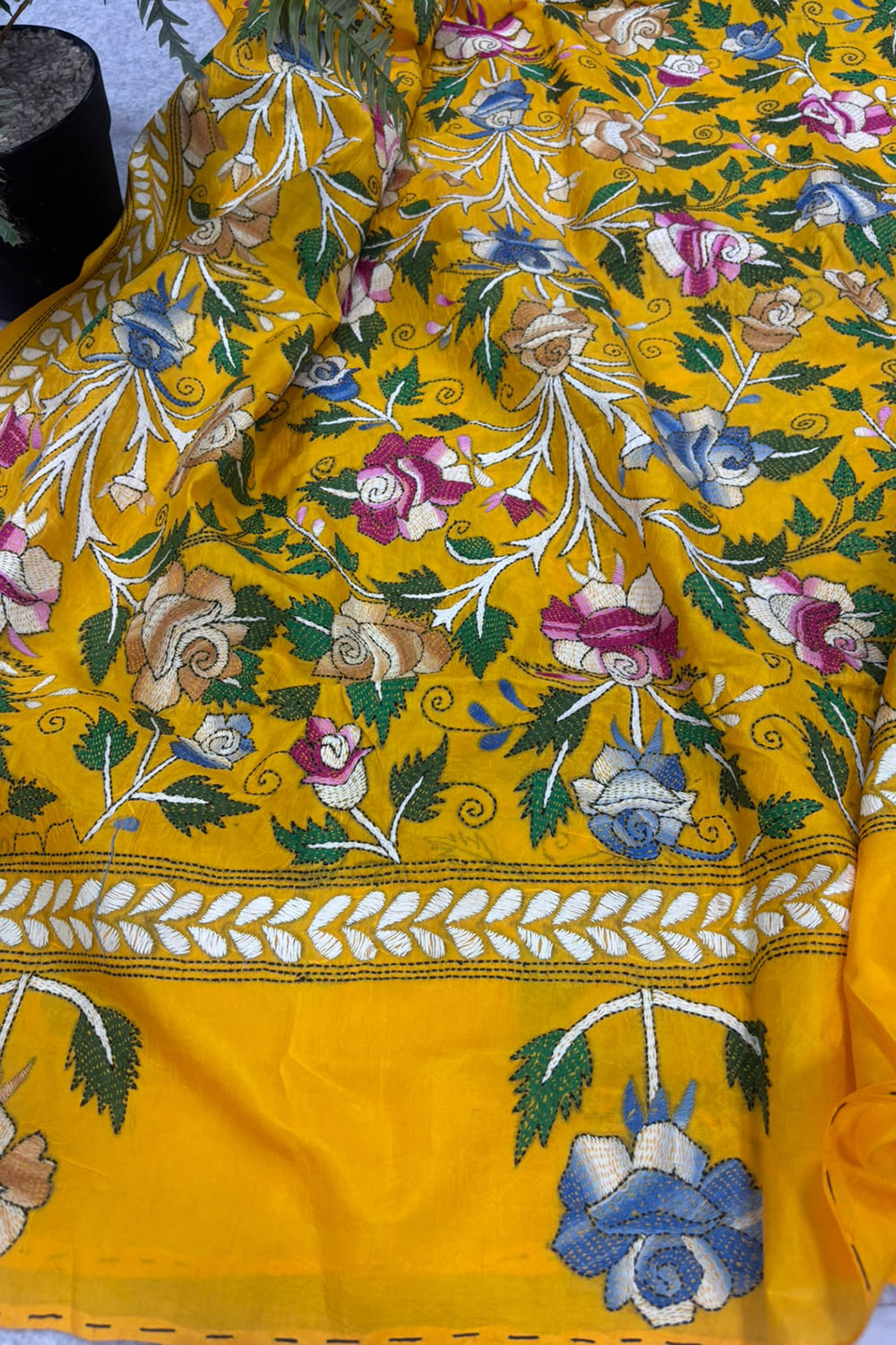 Yellow Hand Embroidered Kantha Pure Bangalore Silk Flower Design Dupatta