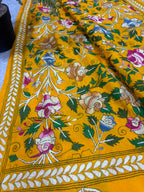 Yellow Hand Embroidered Kantha Pure Bangalore Silk Flower Design Dupatta