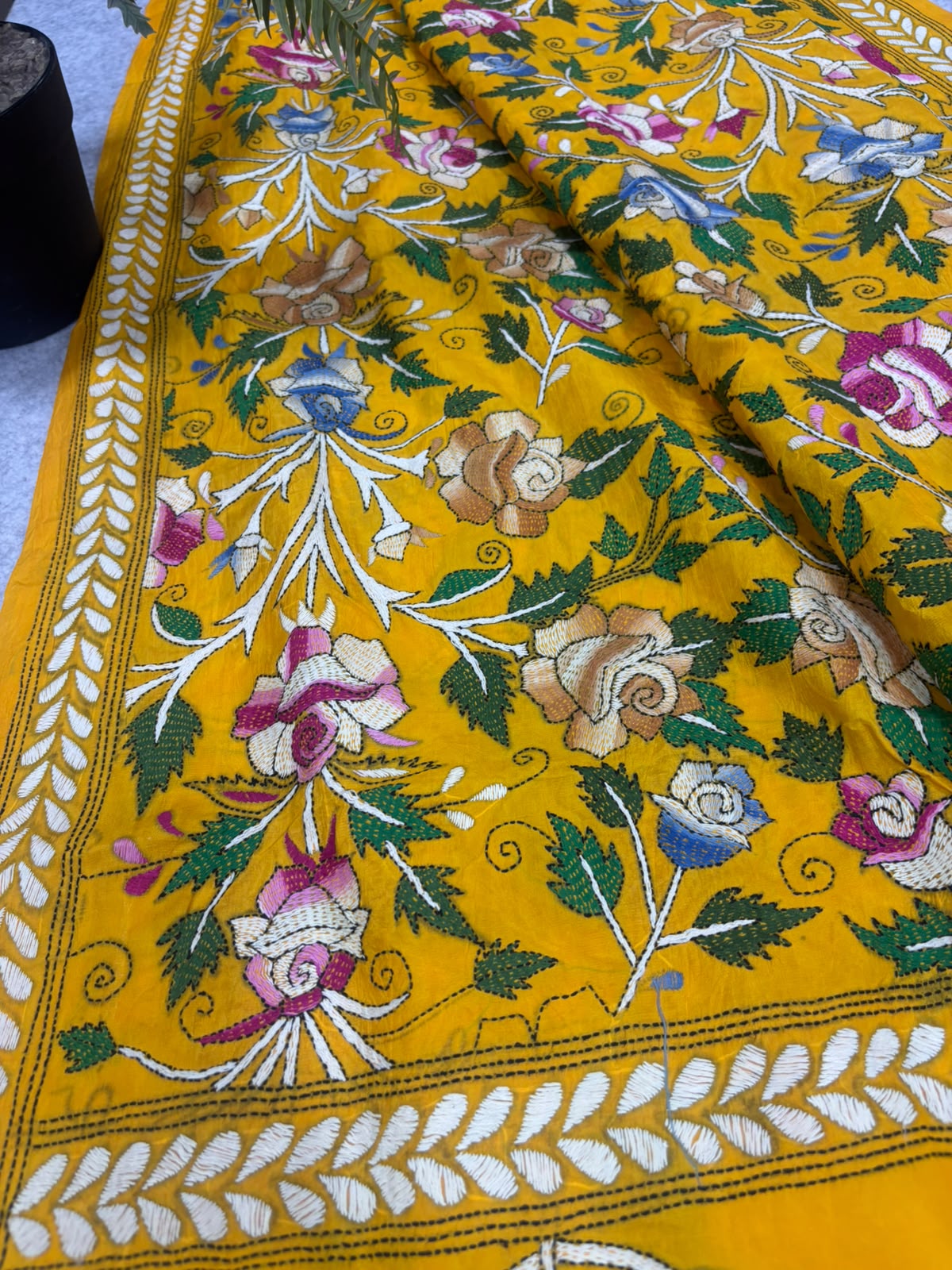 Yellow Hand Embroidered Kantha Pure Bangalore Silk Flower Design Dupatta