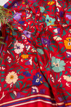 Red Hand Embroidered Kantha Pure Bangalore Silk Flower Design Dupatta
