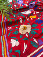 Red Hand Embroidered Kantha Pure Bangalore Silk Flower Design Dupatta
