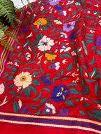 Red Hand Embroidered Kantha Pure Bangalore Silk Flower Design Dupatta