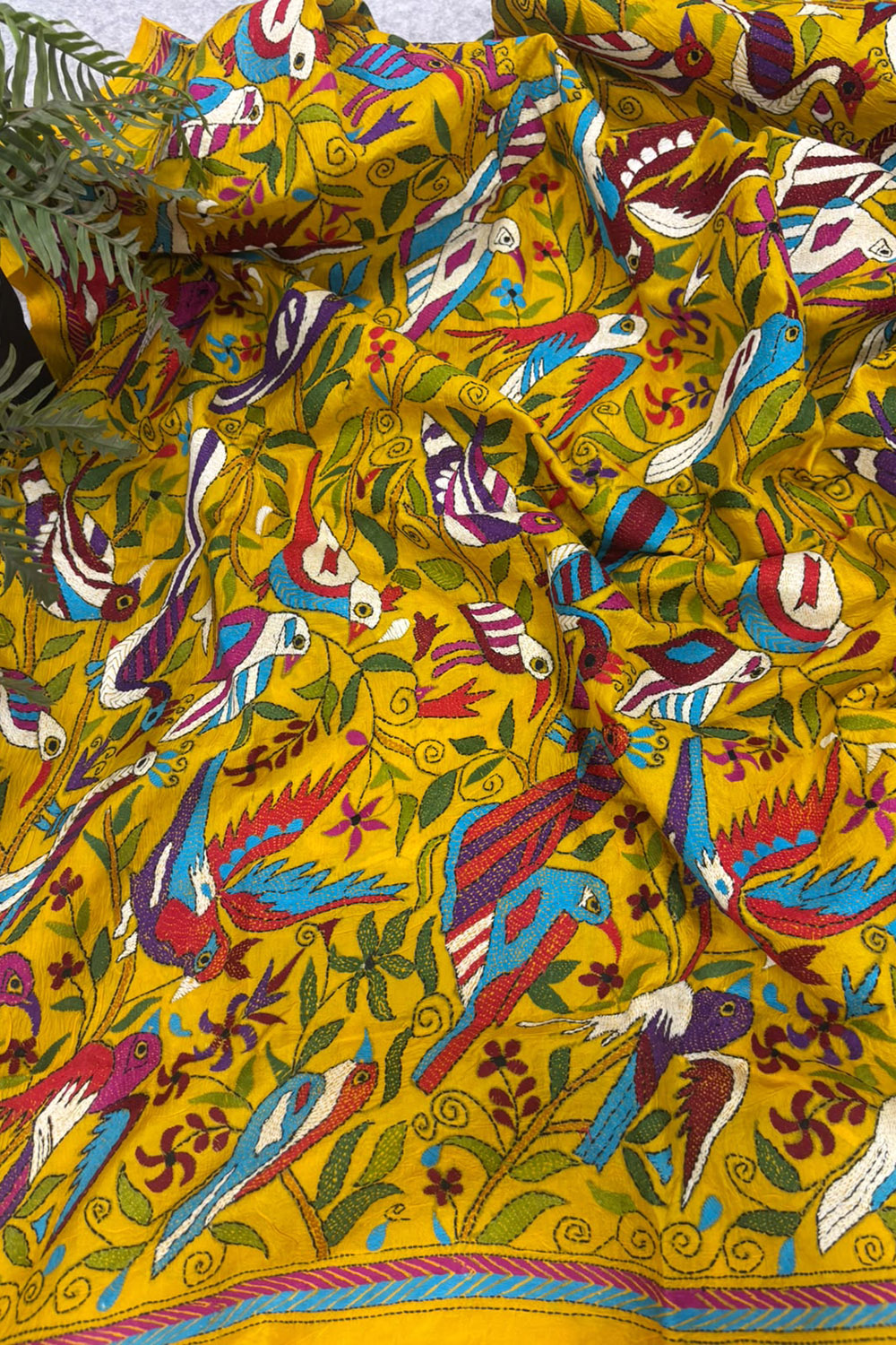 Yellow Hand Embroidered Kantha Pure Bangalore Silk Bird Design Dupatta