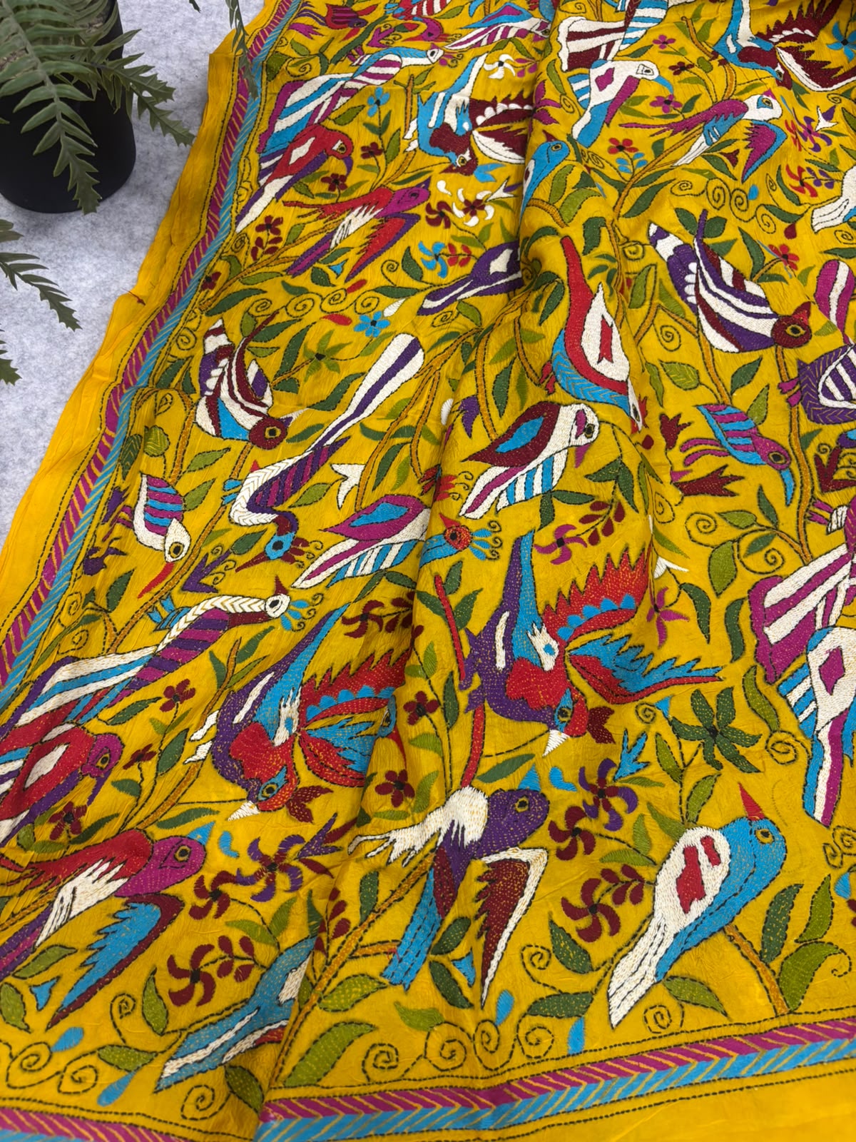 Yellow Hand Embroidered Kantha Pure Bangalore Silk Bird Design Dupatta
