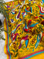 Yellow Hand Embroidered Kantha Pure Bangalore Silk Bird Design Dupatta