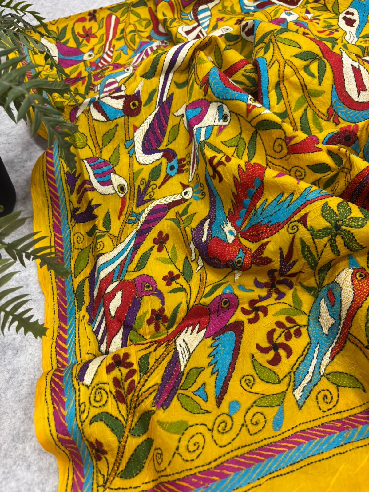 Yellow Hand Embroidered Kantha Pure Bangalore Silk Bird Design Dupatta