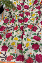 Pastel Hand Embroidered Kantha Pure Bangalore Silk Flower Design Dupatta