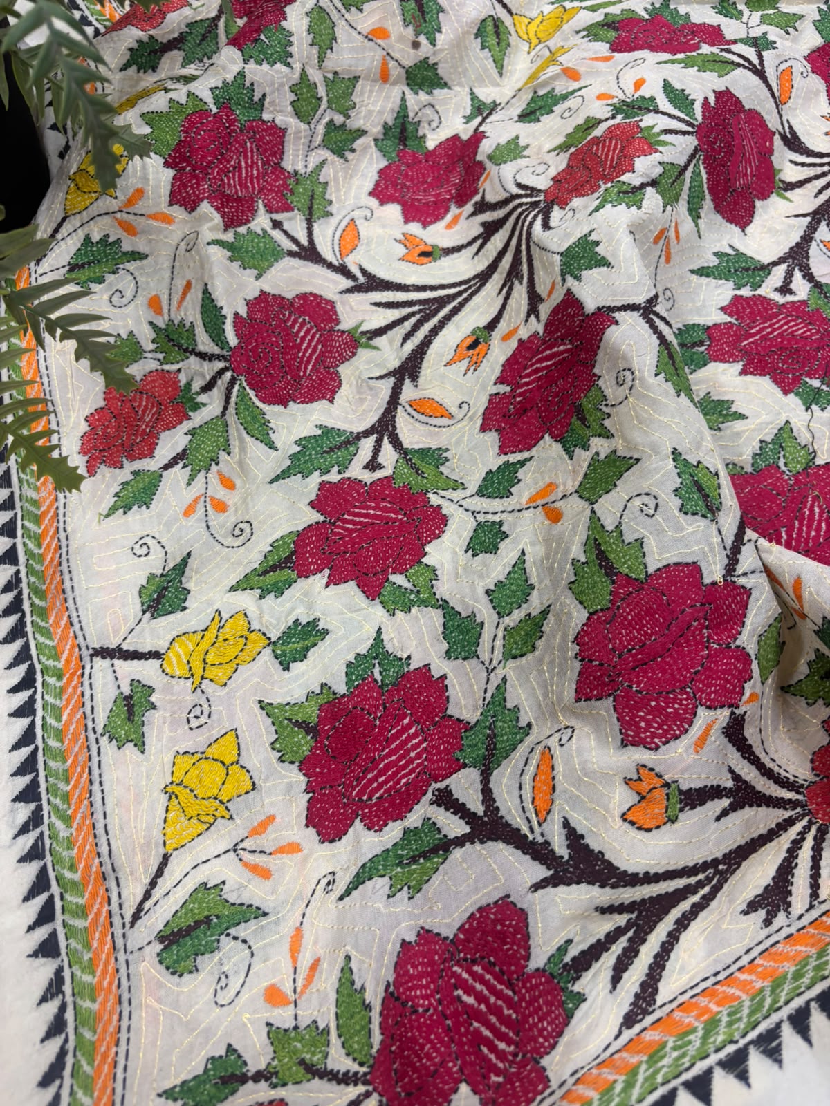 Pastel Hand Embroidered Kantha Pure Bangalore Silk Flower Design Dupatta
