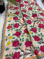 Pastel Hand Embroidered Kantha Pure Bangalore Silk Flower Design Dupatta