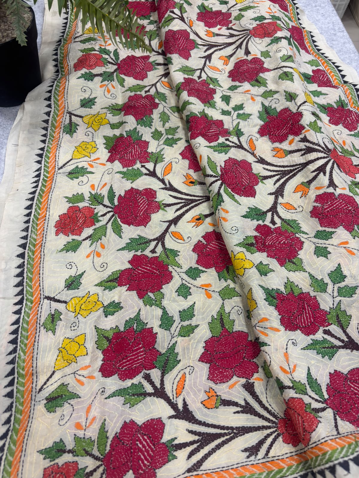Pastel Hand Embroidered Kantha Pure Bangalore Silk Flower Design Dupatta