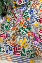 Pastel Hand Embroidered Kantha Pure Bangalore Silk Flower And Bird Design Dupatta