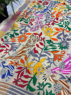Pastel Hand Embroidered Kantha Pure Bangalore Silk Flower And Bird Design Dupatta