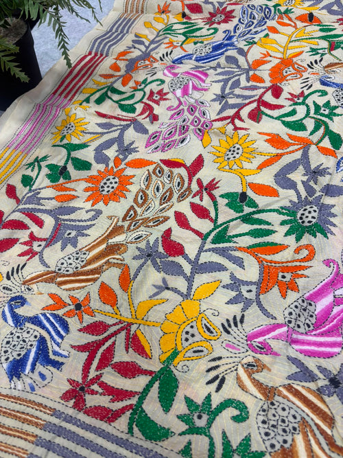 Pastel Hand Embroidered Kantha Pure Bangalore Silk Flower And Bird Design Dupatta