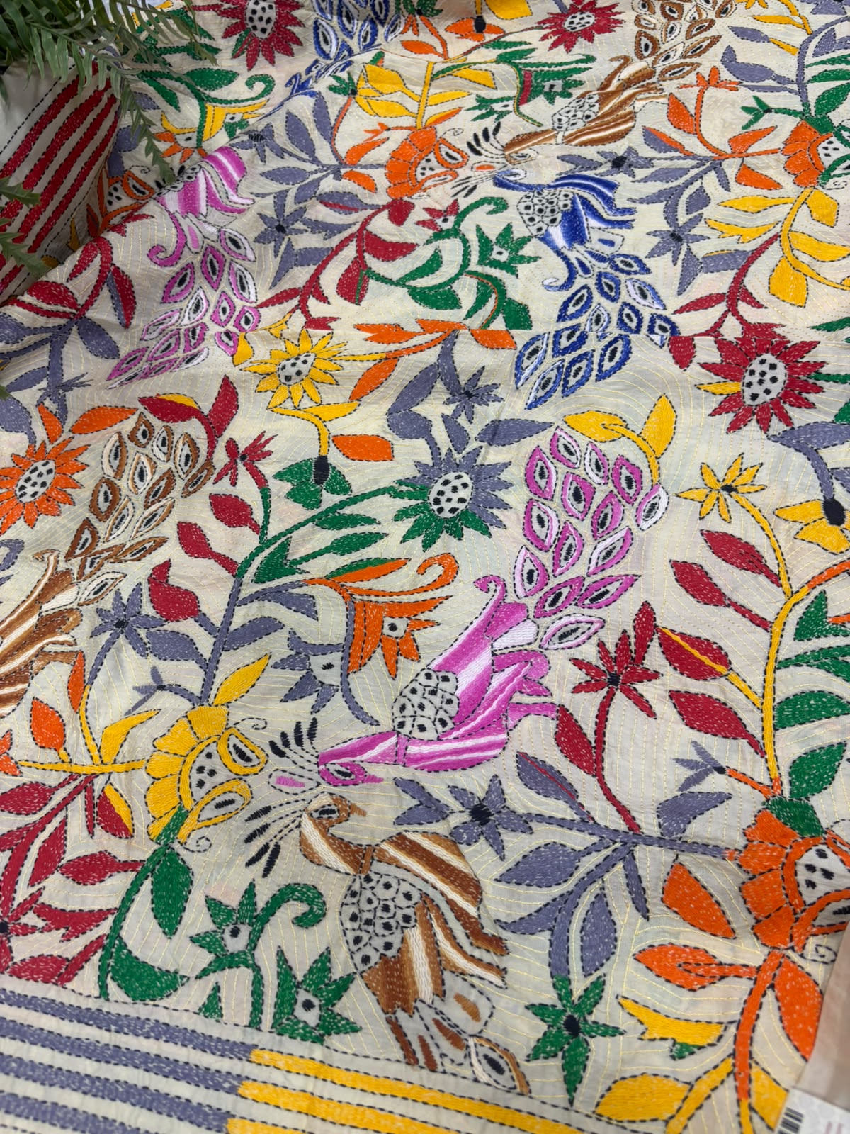 Pastel Hand Embroidered Kantha Pure Bangalore Silk Flower And Bird Design Dupatta