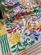 Pastel Hand Embroidered Kantha Pure Bangalore Silk Flower And Bird Design Dupatta