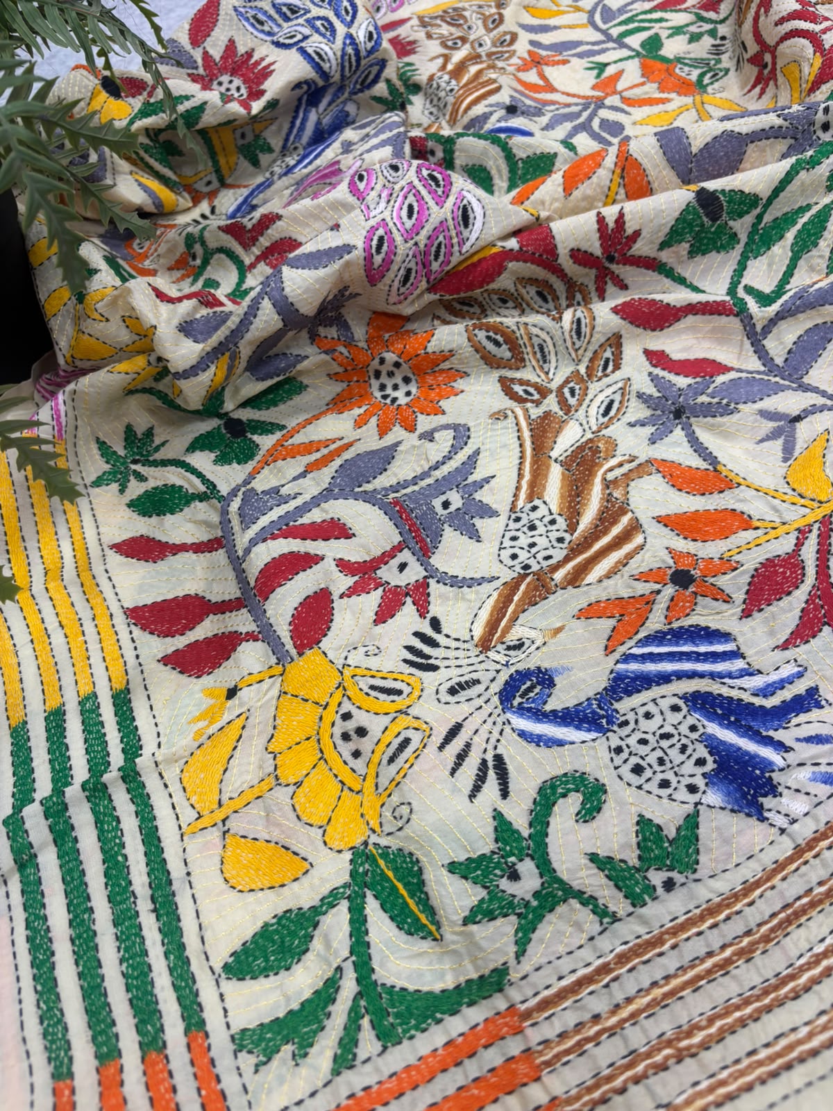 Pastel Hand Embroidered Kantha Pure Bangalore Silk Flower And Bird Design Dupatta