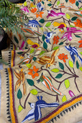 Pastel Hand Embroidered Kantha Pure Bangalore Silk Flower And Bird Design Dupatta