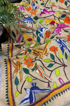 Pastel Hand Embroidered Kantha Pure Bangalore Silk Flower And Bird Design Dupatta