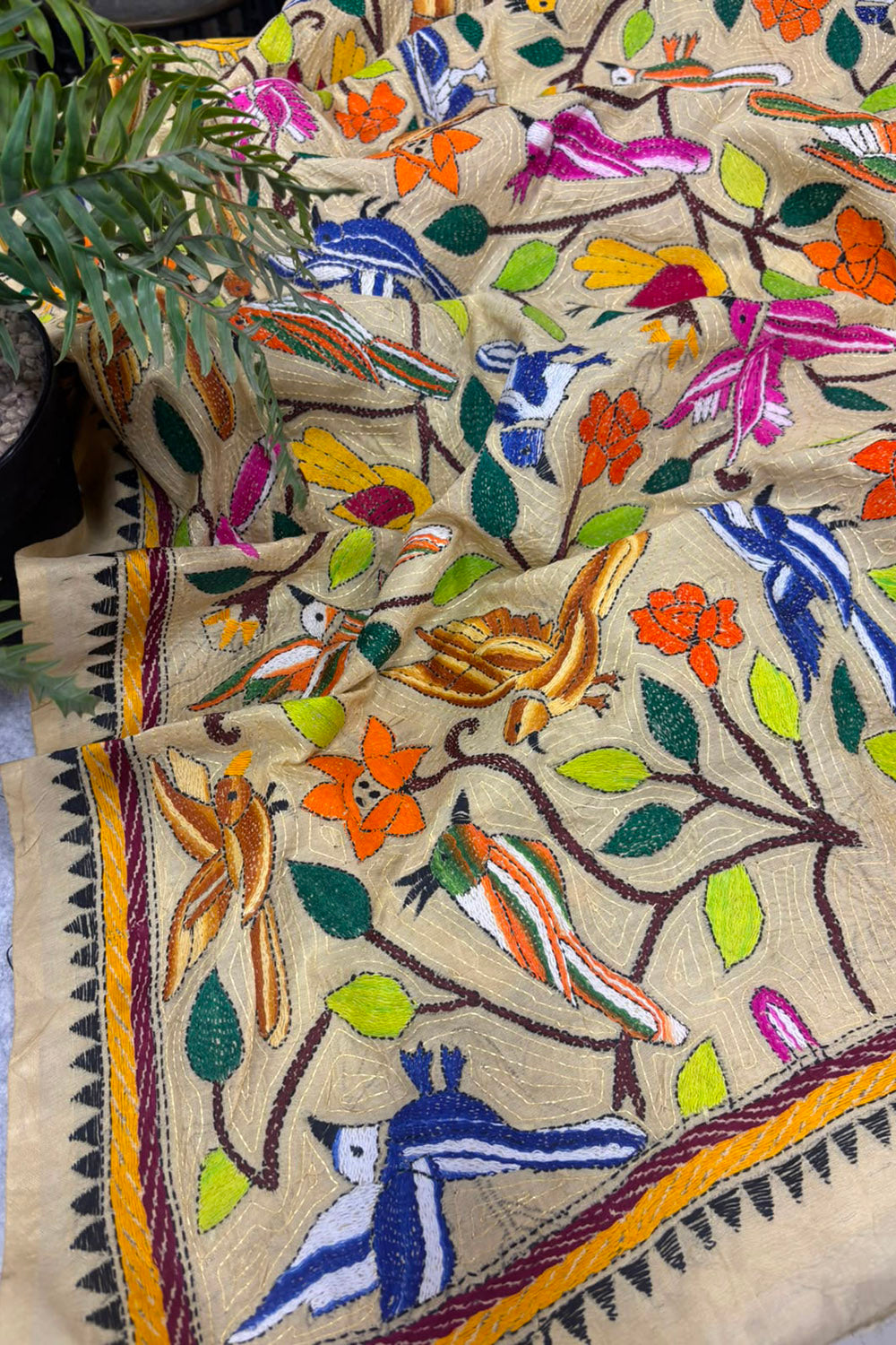 Pastel Hand Embroidered Kantha Pure Bangalore Silk Flower And Bird Design Dupatta