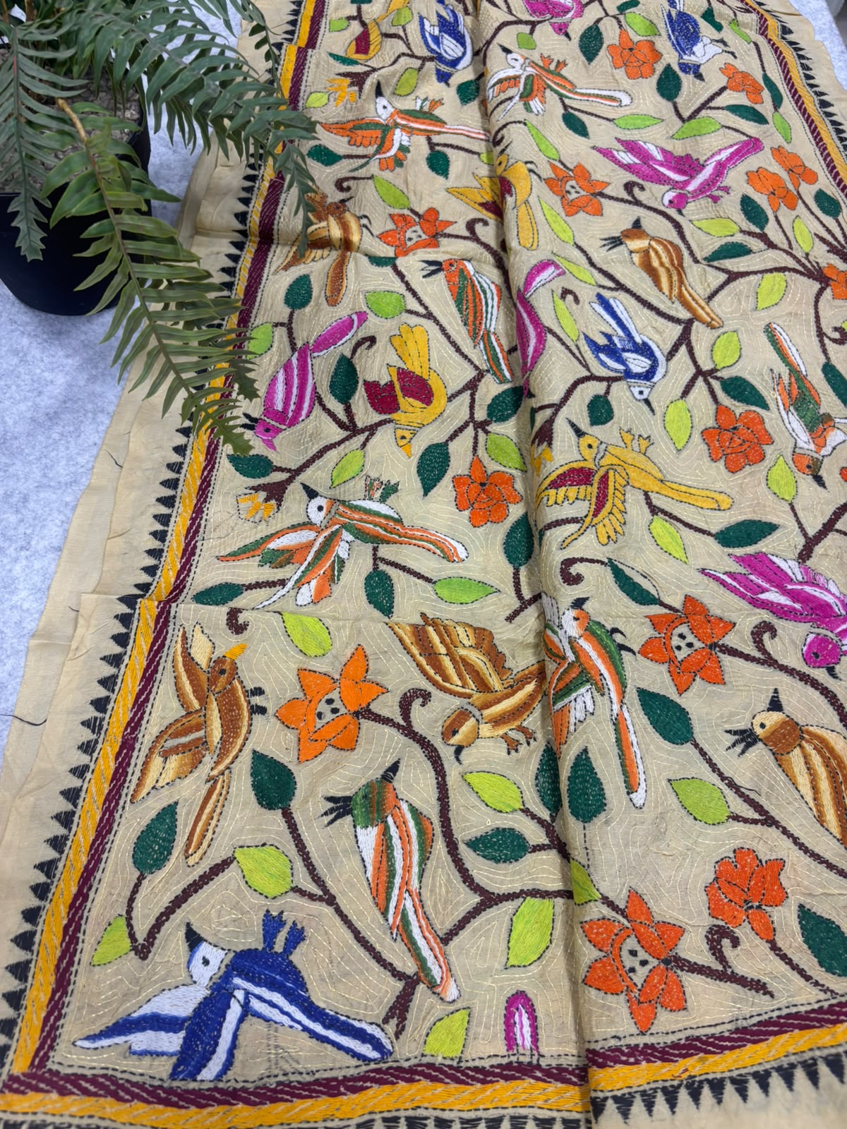 Pastel Hand Embroidered Kantha Pure Bangalore Silk Flower And Bird Design Dupatta